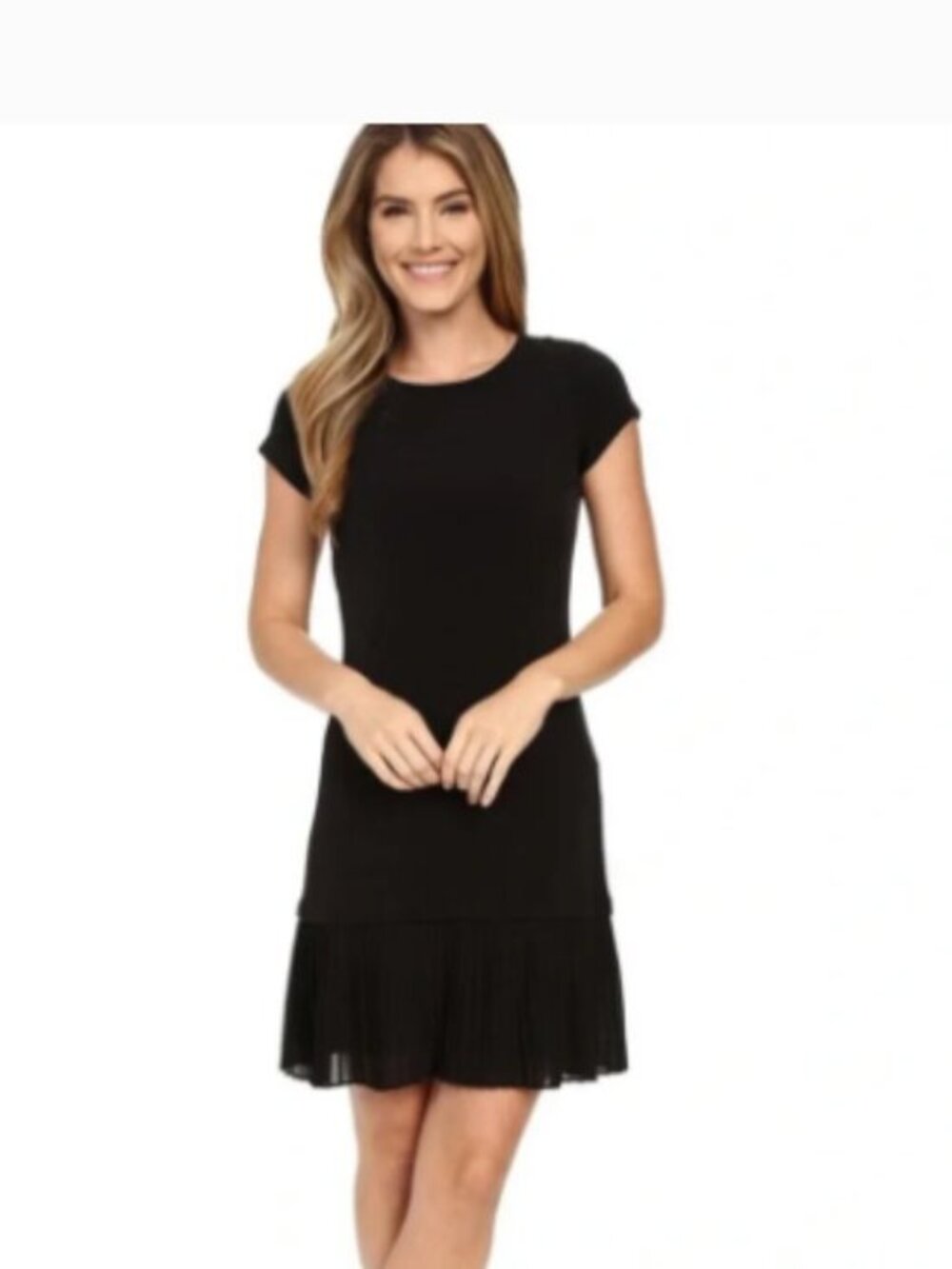 Michael Kors Black Short-Sleeve Pleated-Hem Mini Dress Size M